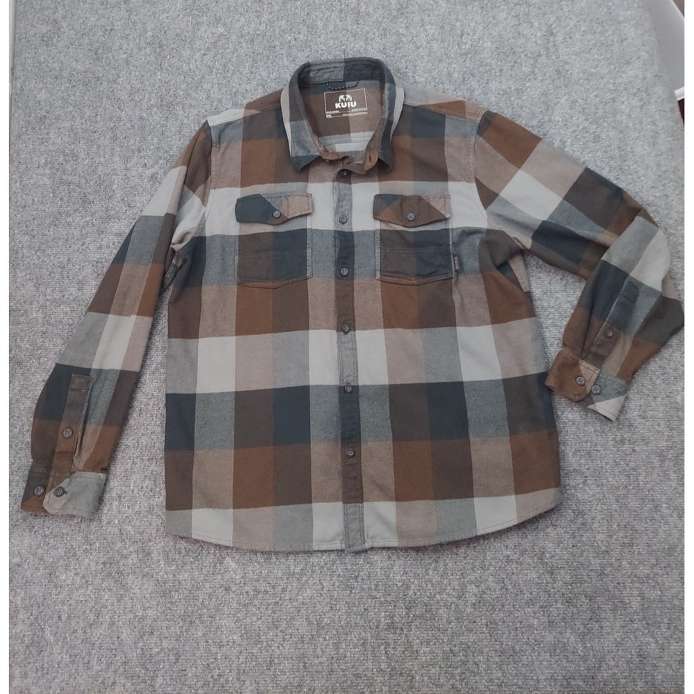 KUIU Flannel Shirt Men 2XL XXL Brown Gray Plaid WOOL Blend Long Sleeve Button Up